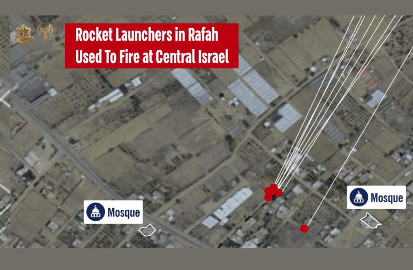  Infografía que muestra la ubicación de los lanzacohetes utilizados para disparar cohetes hacia el centro de Israel desde Rafah. (credit: IDF SPOKESPERSON'S UNIT)
