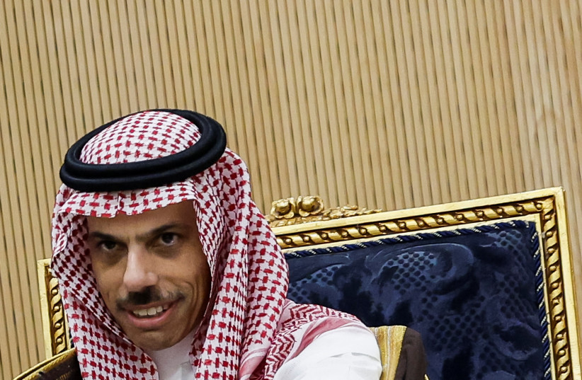  Saudi Arabia's Foreign Minister Prince Faisal bin Farhan bin Abdullah looks on as he meets with US Secretary of State Antony Blinken (not pictured) at the GCC Secretariat, in Riyadh, Saudi Arabia, April 29, 2024. (credit: REUTERS/EVELYN HOCKSTEIN)