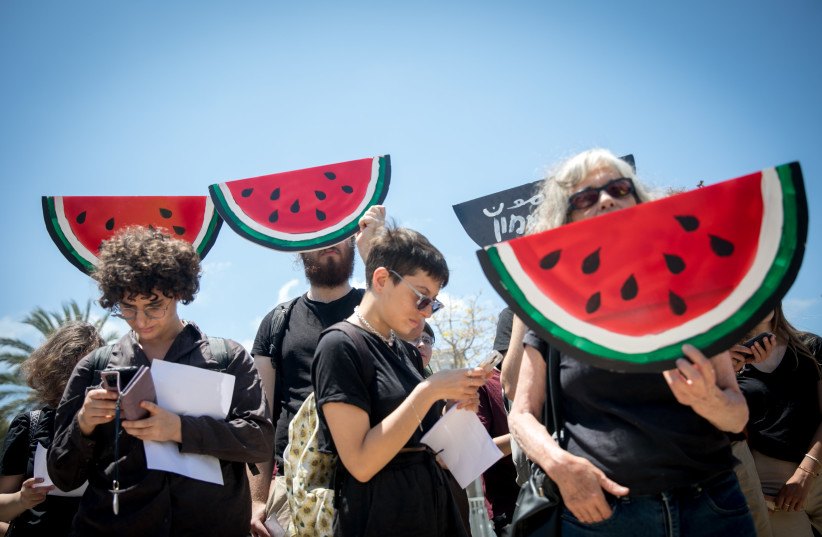 Arab-Israelis and Israeli left-wing activist students, attend a rally marking the Nakba anniversary at the Tel Aviv University on May 15, 2024 (credit: MIRIAM ALSTER/FLASH90)