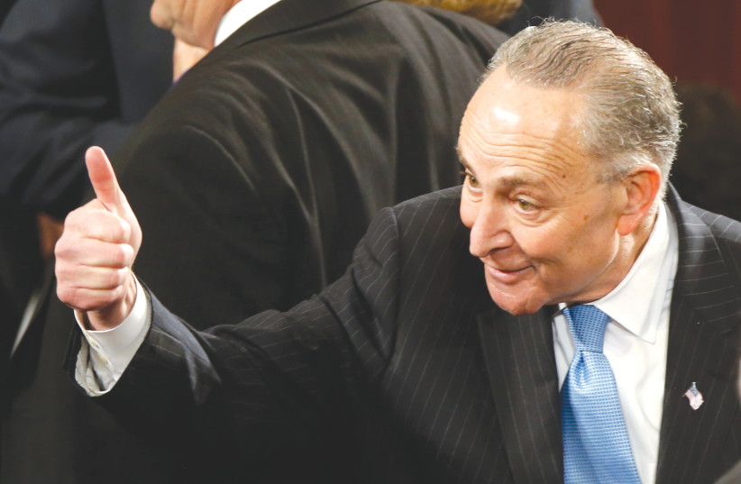  US SENATOR Charles Schumer gestures prior to Prime Minister Benjamin Netanyahu’s address to a joint session of Congress, in 2015. The US today is significantly more polarized than it was nine years ago, the writer cautions the prime minister.  (credit: JONATHAN ERNST/REUTERS)
