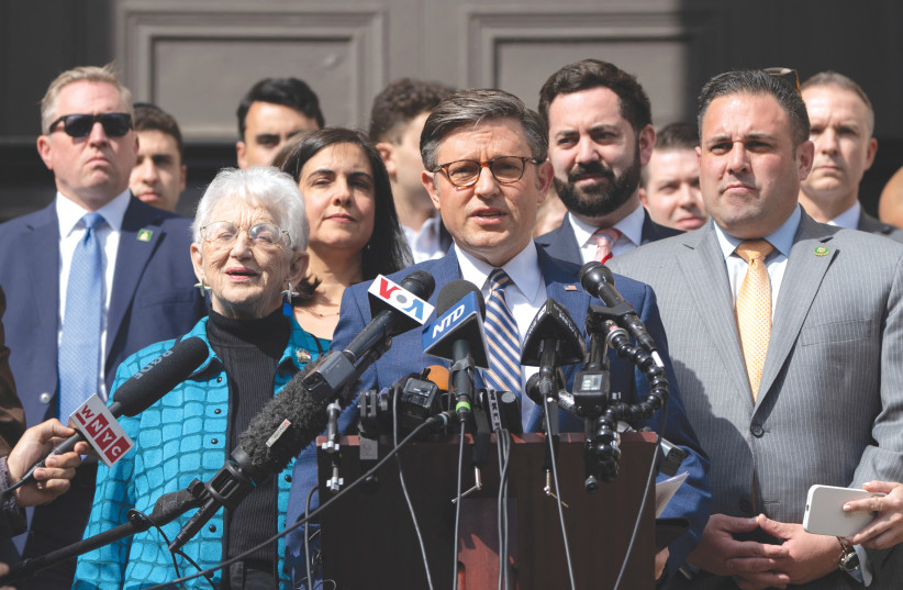 US HOUSE Speaker Mike Johnson addresses the media at Columbia University in New York City, in response to demonstrators protesting in support of Palestinians, last month. The last time Republicans invited Netanyahu to speak to Congress, it was a disaster, the writer maintains. Uploaded on 29/5/2024