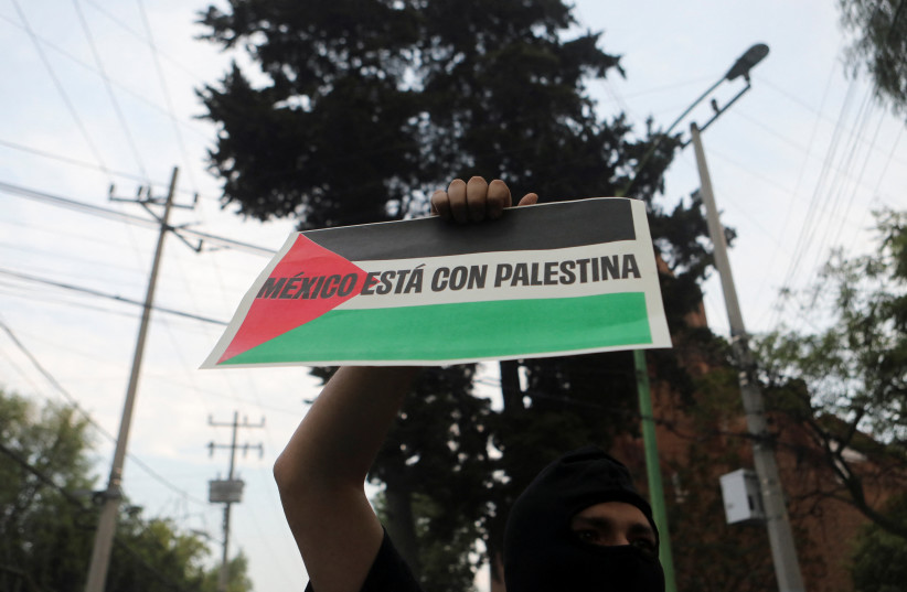  A demonstrator holds up a sign reading 'Mexico stands with Palestine' during a protest in support of Palestinians outside the Israel Embassy, amid the ongoing conflict between Israel and Hamas, in Mexico City, Mexico, May 28, 2024.  (credit: REUTERS/Paola Garcia)