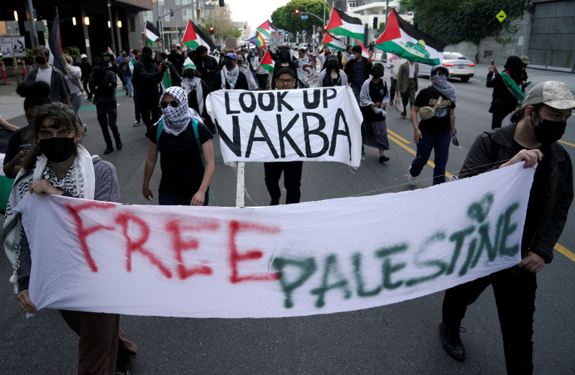  Pro-Palestinian protestors demonstrate as they call for a ceasefire in Gaza amid the ongoing conflict between Israel and the Palestinian Islamist group Hamas, in Los Angeles, California, U.S., May 31, 2024.  (credit: KYLE GRILLOT/REUTERS)