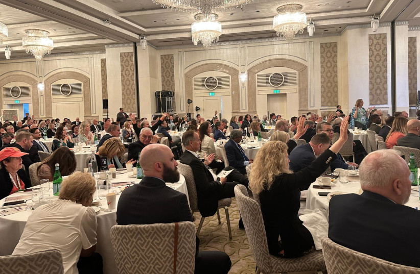  Attendees hear inspiring speeches at the Waldorf Astoria Hotel in Jerusalem, May 30, 2024. (credit: Giorgia Valente/The Media Line)