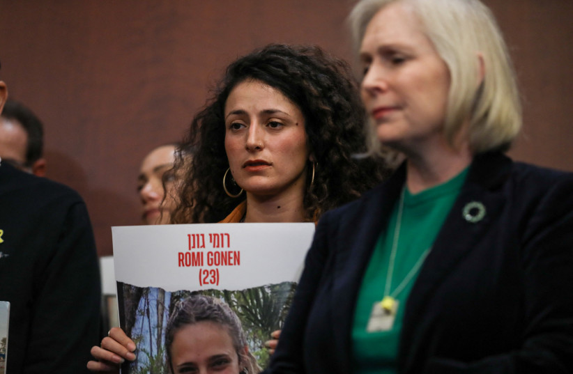 Yarden Gonen speaks during a press conference with the families of American and Israeli hostages abducted by Hamas to call for continued U.S. support after more than 100 days in captivity since the Hamas attack on Israel, on Capitol Hill in Washington, U.S., January 17, 2024. Yarden’s twenty-three y (credit: REUTERS/Anna Rose Layden)