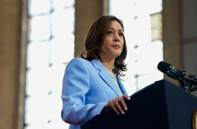 US Vice President Kamala Harris looks on during a campaign event at Girard College in Philadelphia, Pennsylvania, US, May 29, 2024. (credit: REUTERS/ELIZABETH FRANTZ)