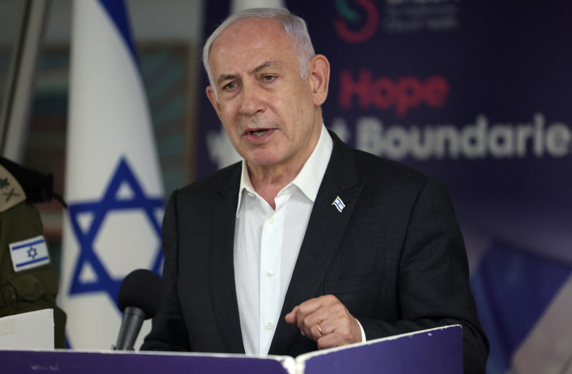  Prime Minister Benjamin Netanyahu speaks during a press conference at Sheba Medical Center, in Ramat Gan on June 8, 2024 (credit: Jack Guez/Pool via Reuters)