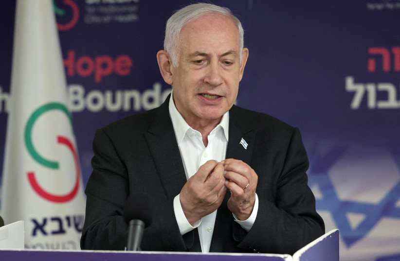  Prime Minister Benjamin Netanyahu speaks during a press conference at Sheba Medical Center, in Ramat Gan on June 8, 2024 (credit: Jack Guez/Pool via Reuters)