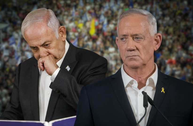  (L-R): Prime Minister Benjamin Netanyahu, War cabinet minister Benny Gantz on June 8, 2024 (credit: FLASH90, POOL)