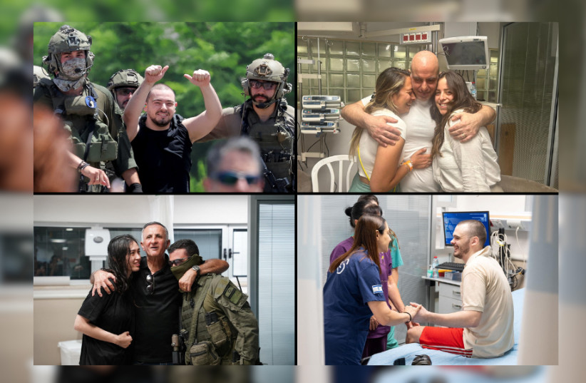  The four rescued hostages seen at Sheba Medical Center in Ramat Gan, Israel, on June 8, 2024 (credit: Hostages and Missing Families Forum, IDF SPOKESPERSON'S UNIT)