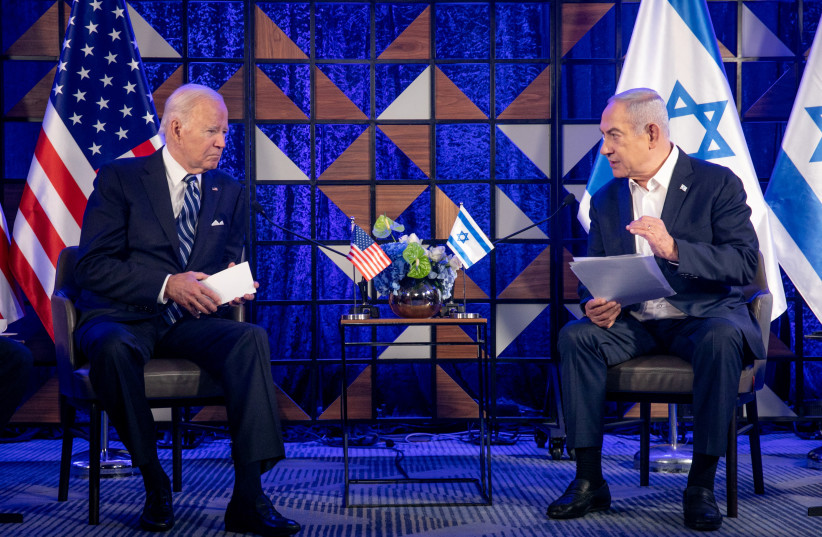  U.S. President Joe Biden, left, meets with Israeli Prime Minister Benjamin Netanyahu, right, to discuss the ongoing conflict between Israel and Hamas, in Tel Aviv, Israel, Wednesday, Oct. 18, 2023.  (credit: Miriam Alster/Pool via REUTERS//File Photo)