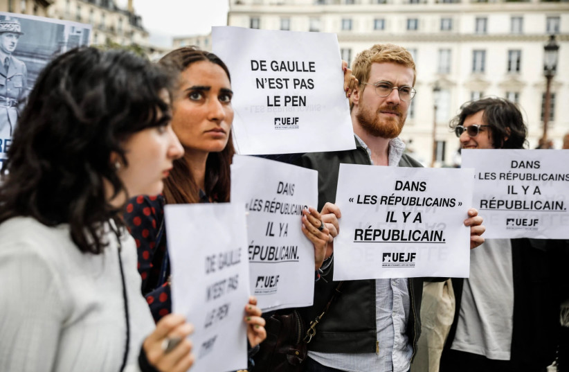  The Union of Jewish Students of France, UEJF, demonstrated outside the headquarters of the Republicans party, in Paris, June 11, 2024. (credit: Laure Boyer/Hans Lucas/AFP via Getty Images)