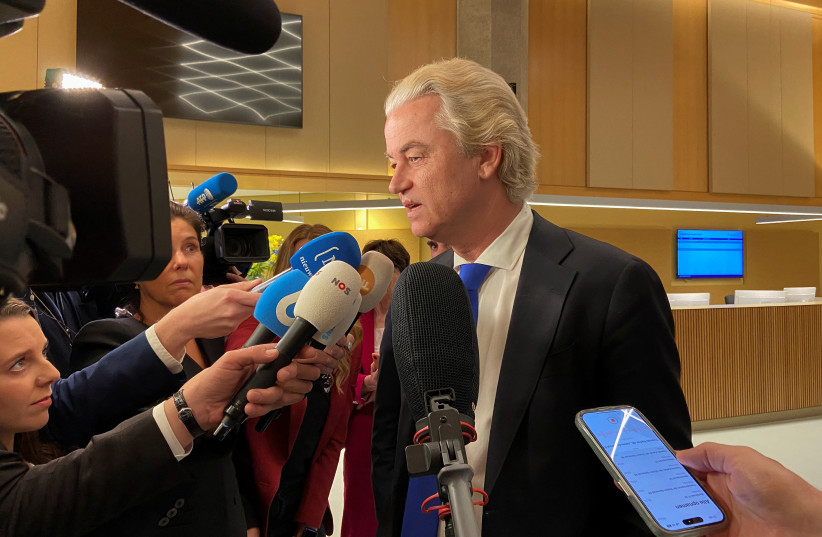  Dutch far-right leader Geert Wilders speaks to media in The Hague, Netherlands after polls closed in an EU election on June 6, 2024.  (credit: Lewis Macdonald / Reuters)