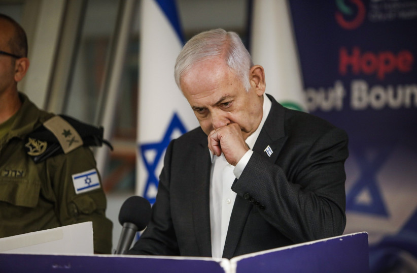 Prime Minister Benjamin Netanyahu speaks during a press conference at Sheba Medical Center in Ramat Gan, June 8, 2024. (credit: TOMER APPELBAUM/POOL)