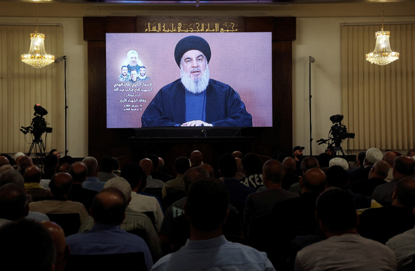  Lebanon's Hezbollah leader Sayyed Hassan Nasrallah speaks during a televised address, June 19, 2024 (credit: REUTERS/MOHAMED AZAKIR)
