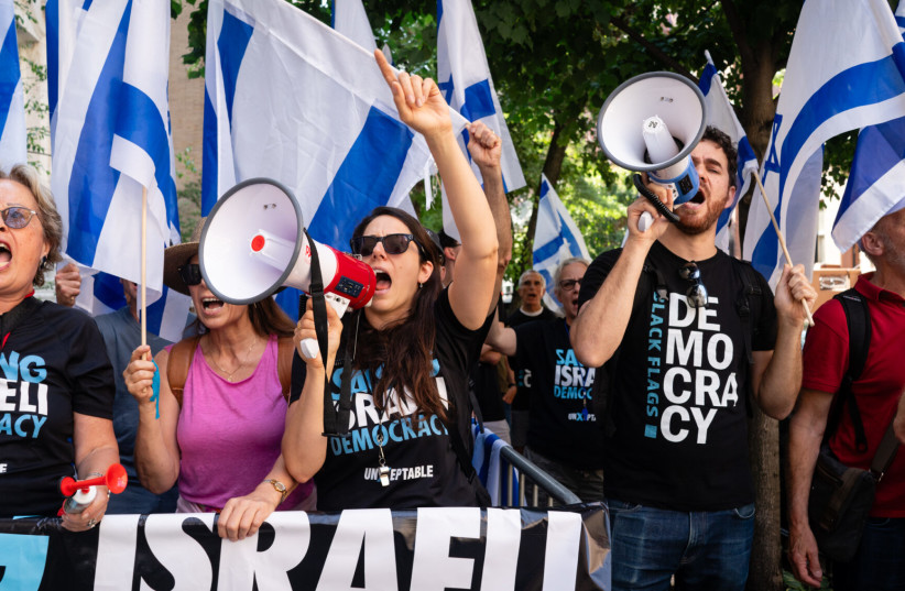  Shany Granot-Lubaton leads an anti-Netanyahu protest in Manhattan, June 2, 2023.  (credit: LUKE TRESS)