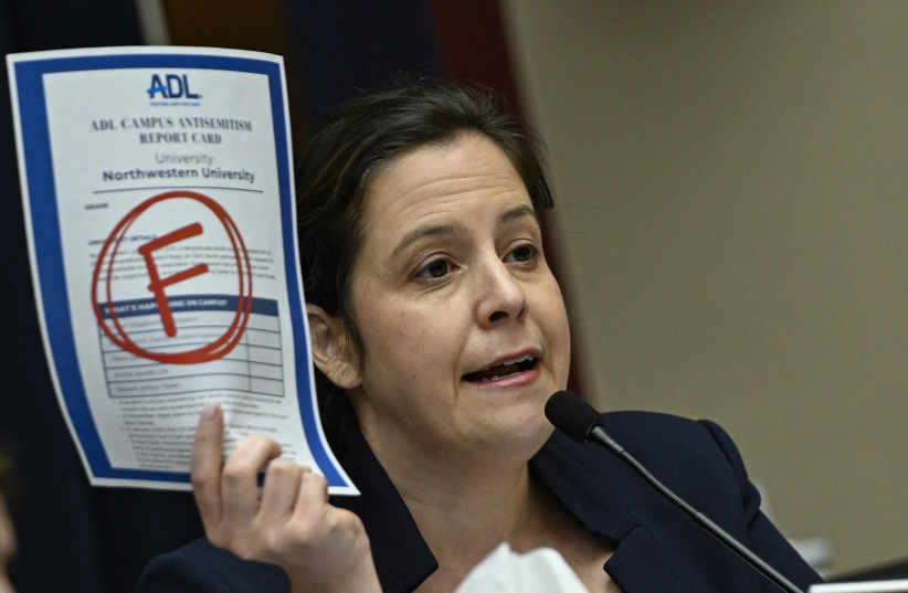 New York Republican US Rep. Elise Stefanik displays the Anti-Defamation League's ''F'' campus report card grade for Northwestern as the presidents of that schoolbefore the committee in the Rayburn House Office Building on Capitol Hill in Washington DC, United States on May 23, 2024. (credit:  (Celal Gunes/Anadolu via Getty Images))