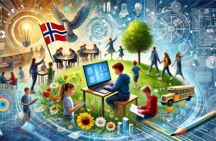  Graphic depicting Norway's flag and students. (credit: Dall-E)