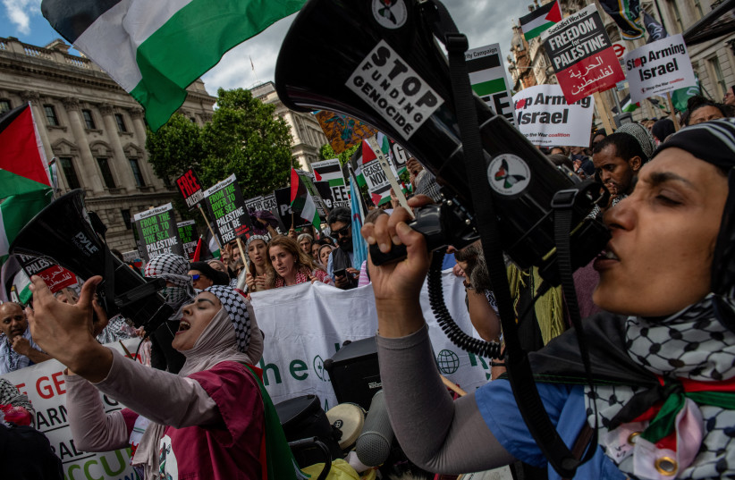  Protesters march in support of Palestinians during a demonstration in Westminster in London, Britain, June 8, 2024.  (credit: REUTERS/Chris J. Ratcliffe)