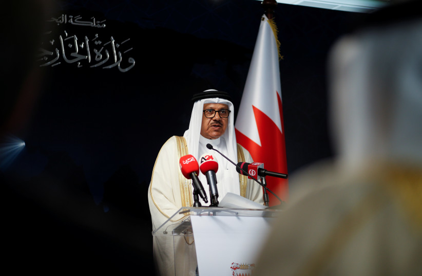  Bahrain's Foreign Minister, Abdullatif bin Rashid Al Zayani speaks during a news conference with Russian Foreign Minister Sergei Lavrov (not pictured) in Manama, Bahrain, May 31, 2022.  (credit: REUTERS/HAMAD I MOHAMMED)