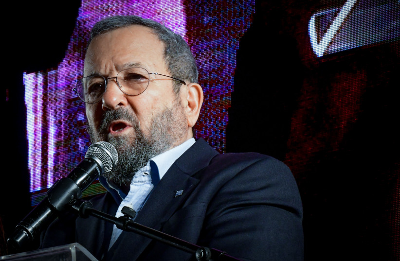 Former Israeli Prime Minister Ehud Barak at a protest against the Israeli government's planned judicial overhaul, in Tel Aviv, February 25, 2023.