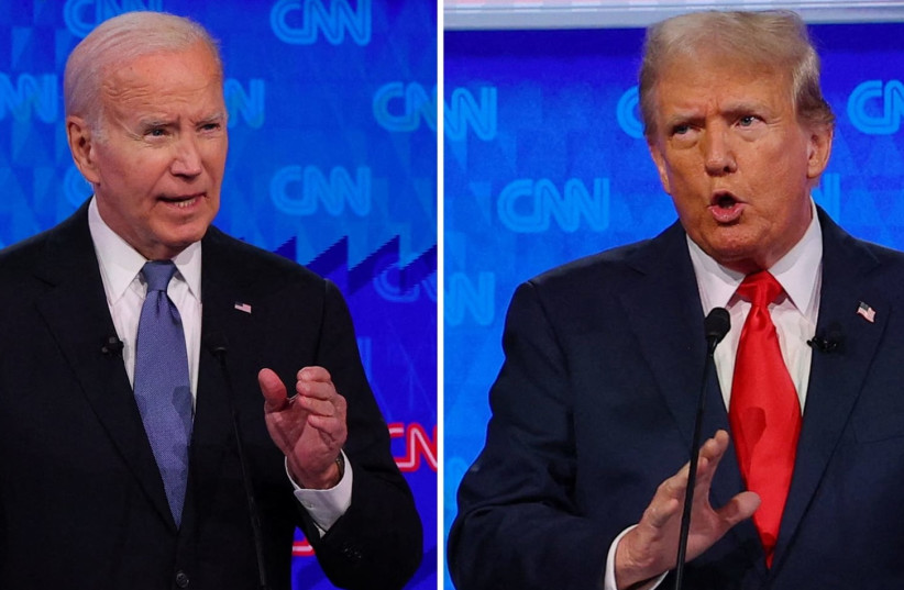  Democratic Party presidential candidate US President Joe Biden and Republican presidential candidate former US President Donald Trump speak during a presidential debate in Atlanta, Georgia, US, June 27, 2024 in a combination photo. (credit: REUTERS)