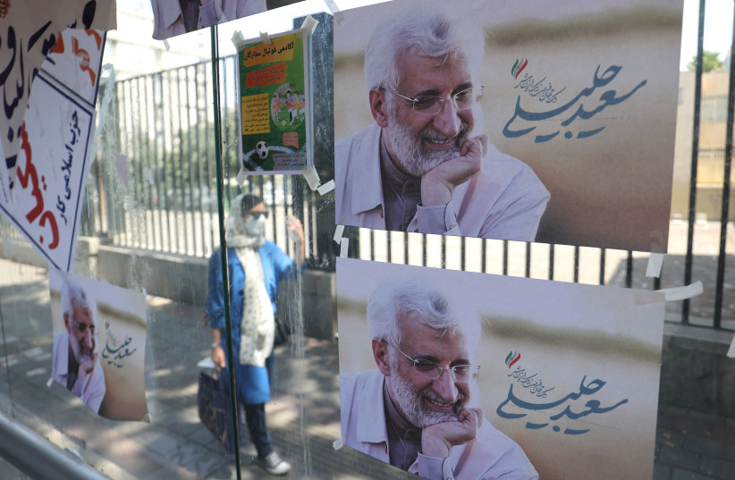  Posters of Iranian presidential candidate Saeed Jalili are seen on a street in Tehran, Iran, June 27, 2024. (credit: MAJID ASGARIPOUR/WANA)