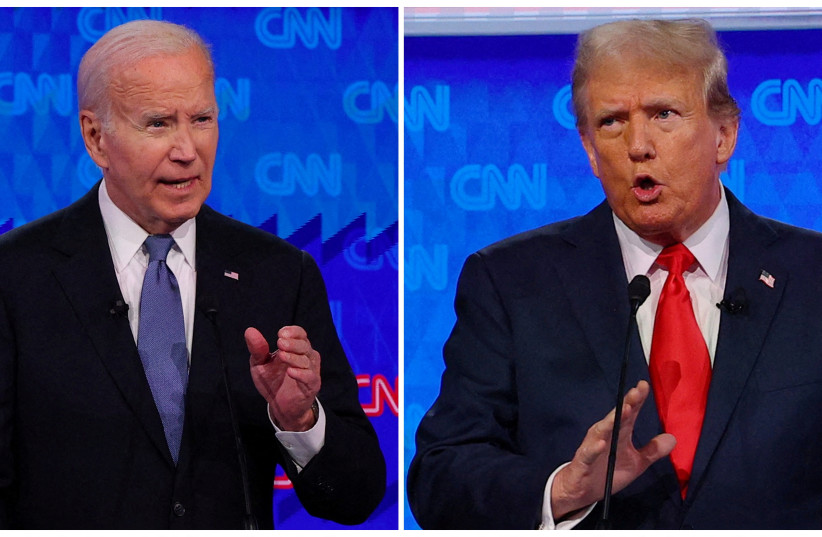  Democratic Party presidential candidate US President Joe Biden and Republican presidential candidate former US President Donald Trump speak during a presidential debate in Atlanta, Georgia, US, June 27, 2024 in a combination photo. (credit: REUTERS/BRIAN SNYDER/FILE PHOTO)