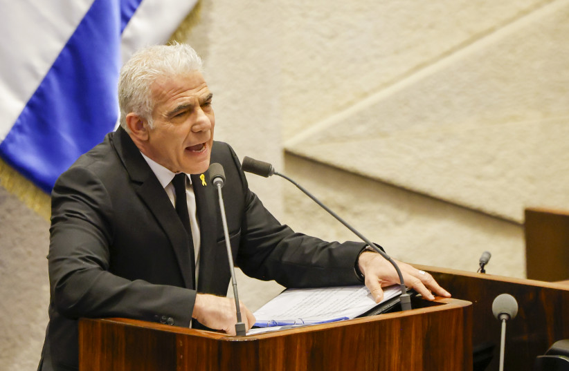 Opposition leader Yair Lapid speaks at Knesset, July 17, 2024.