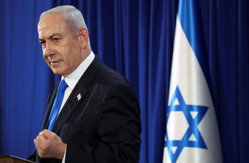 Israeli Prime Minister Benjamin Netanyahu gestures during a press conference amid the ongoing conflict in Gaza between Israel and Hamas, in Tel Aviv, Israel, July 13, 2024.