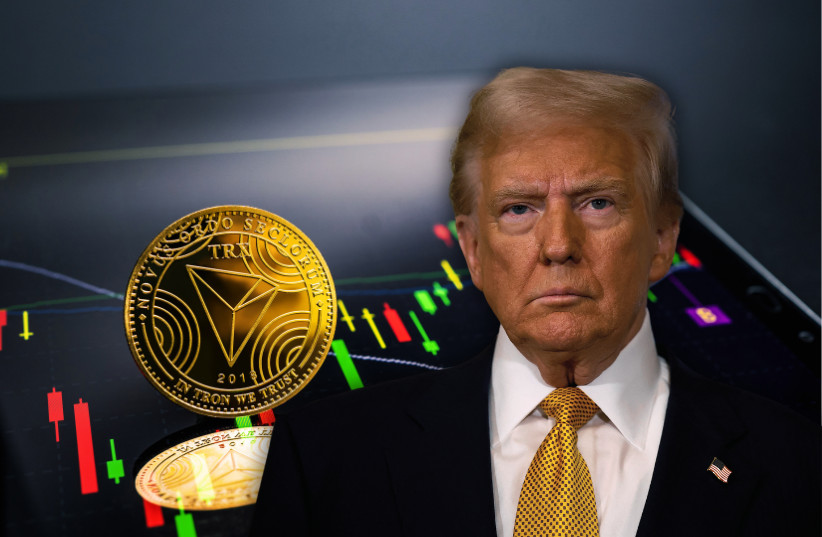 US president-elect Donald Trump seen with a Tron crypto coin (illustrative)