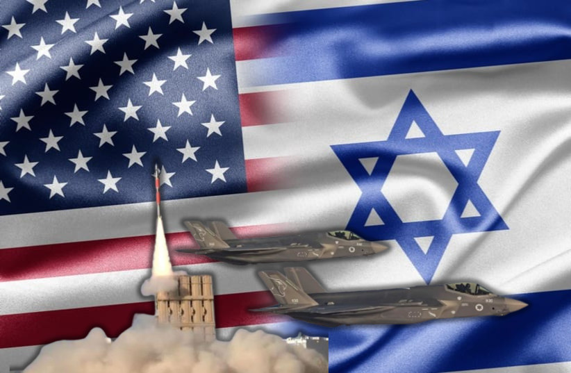 An Iron Dome air defense missile and two F-35 fighter jets are seen superimposed over a collage of the US and Israeli flags in this illustrative image.