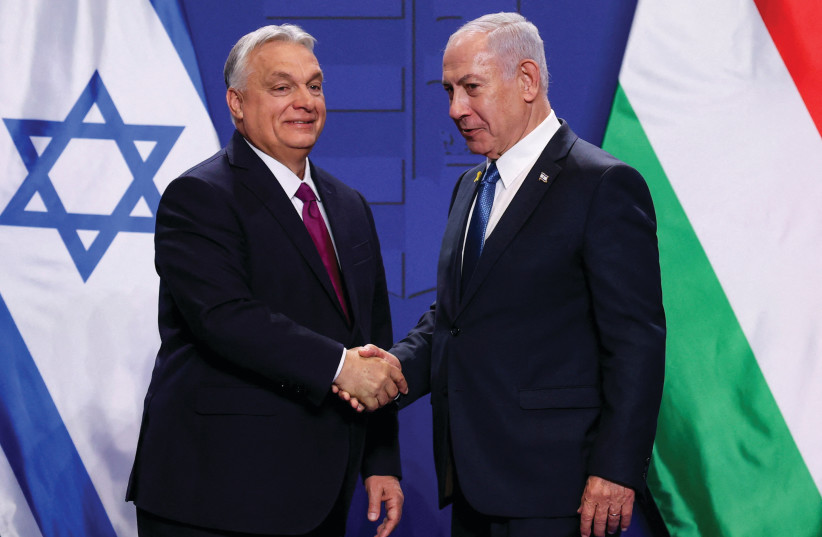Prime Minister Benjamin Netanyahu and Hungarian Prime Minister Viktor Orban shake hands in Budapest earlier this month.