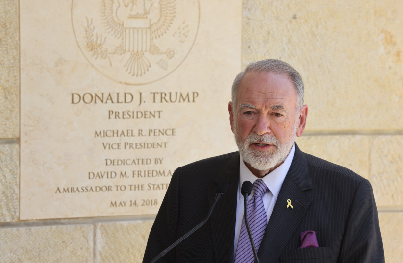 US Ambassador Mike Huckabee addresses the media outside the US Embassy in Jerusalem, May 9, 2025.