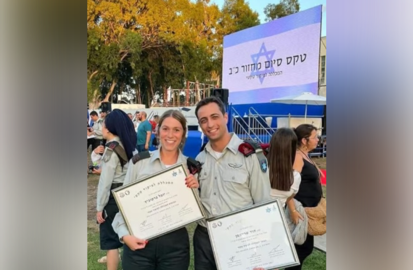 YUVAL AND HOD proudly holding their diplomas upon graduating from the Tactical Command College (Military Command Academy), which trains young officers for command roles in com-bat units, in August 2022. She became a company commander in an armored battalion, he in a paratrooper patrol.