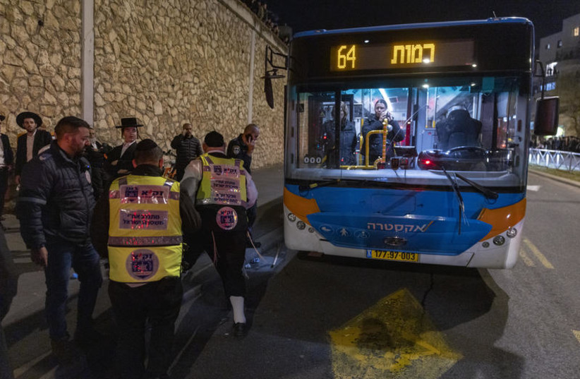 the scene where a teenager was killed and three others were injured after being hit by a bus near rally against the recruitment of Ultra orthodox Jews to the IDF, in Jerusalem, January 6, 2026.