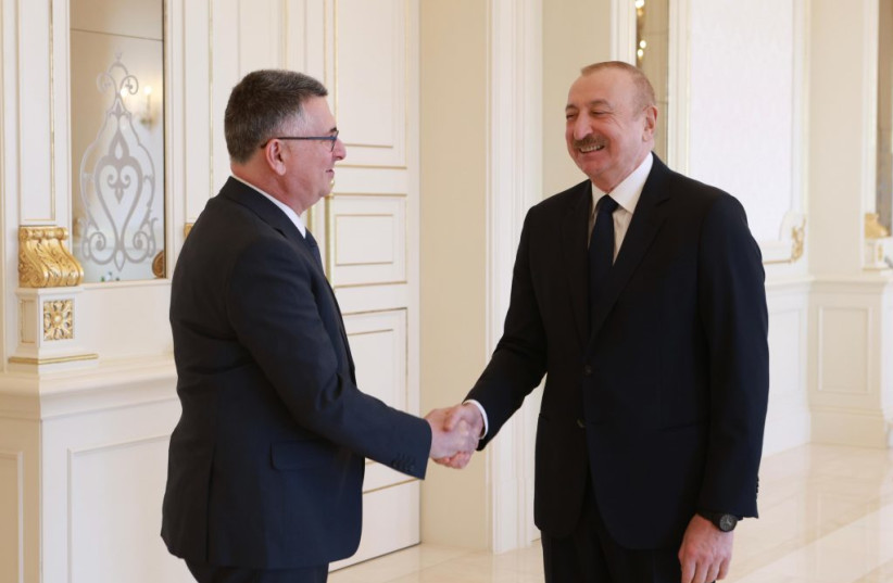 Israeli Foreign Minister Gideon Sa’ar is seen meeting with Azerbaijani President Ilham Aliyev, in Baku, on Monday, January 26, 2026.