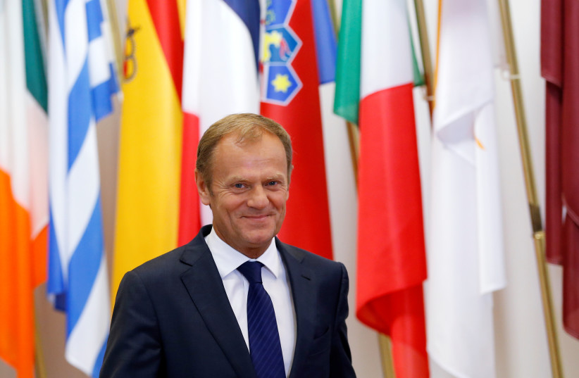EUROPEAN COUNCIL President Donald Tusk arrives for a meeting with Palestinian President Mahmoud Abbas (unseen) in Brussels, Belgium, June 23, 2016.