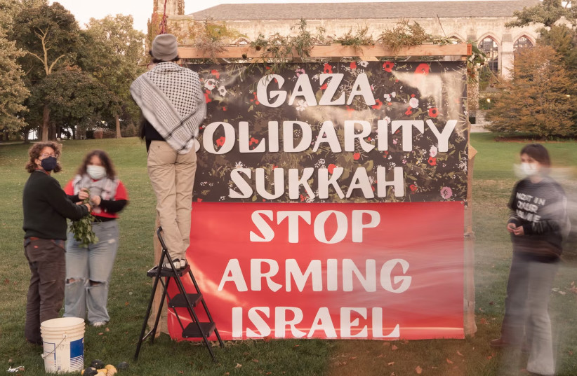 (ILLUSTRATIVE) An anti-Zionist Jewish group constructs a ''Gaza solidarity sukkah'' on the campus of Northwestern University in Evanston, Illinois, for the holiday of Sukkot, 2024.