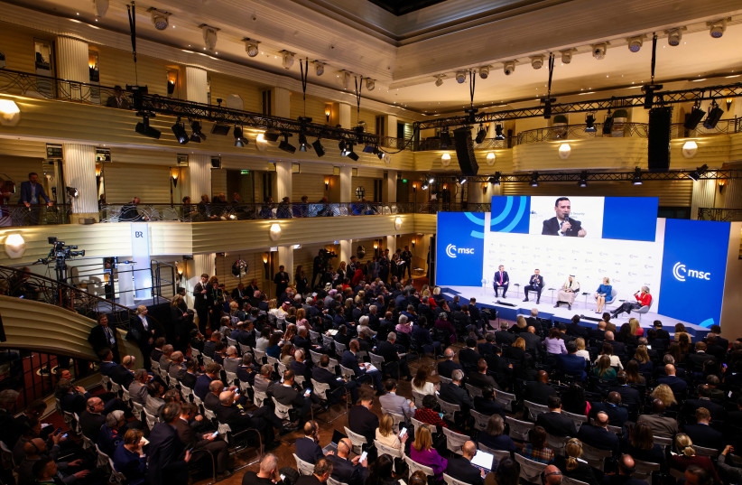 Members of the audience listen, as EU High Representative and Vice-President for Foreign Affairs and Security Policy Kaja Kallas, Saudi Arabia's Foreign Minister Prince Faisal bin Farhan Al Saud and Colombia's Minister of Defense Pedro Arnulfo Sanchez attend the Munich Security Conference (MSC) in M