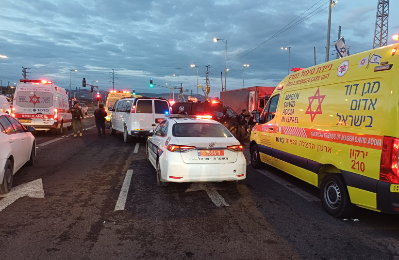Israel Police and Magen David Adom respond to a road incident in which one police officer was injured near Tapuah junction in the West Bank on February 23, 2026.