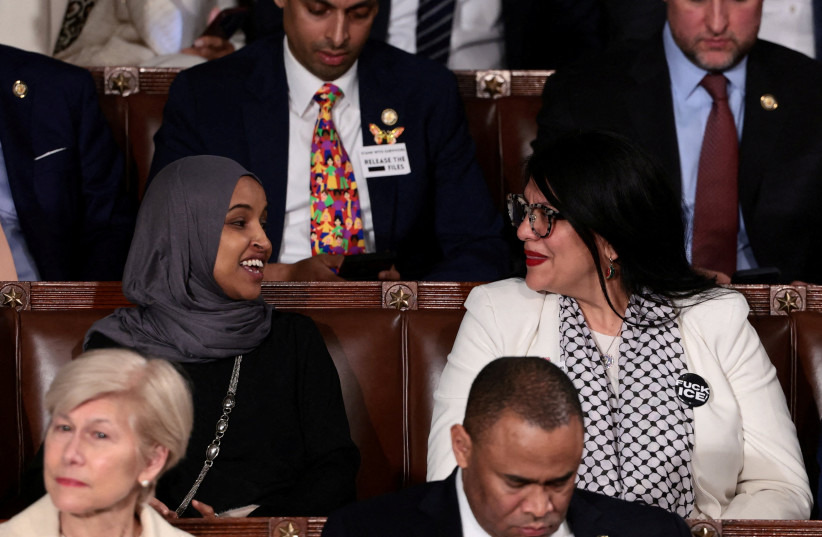 US Representative Rashida Tlaib sits next to US Representative Ilhan Omar during US President Donald Trump's State of the Union address to a joint session of Congress at the US Capitol in Washington, DC, US, February 24, 2026.