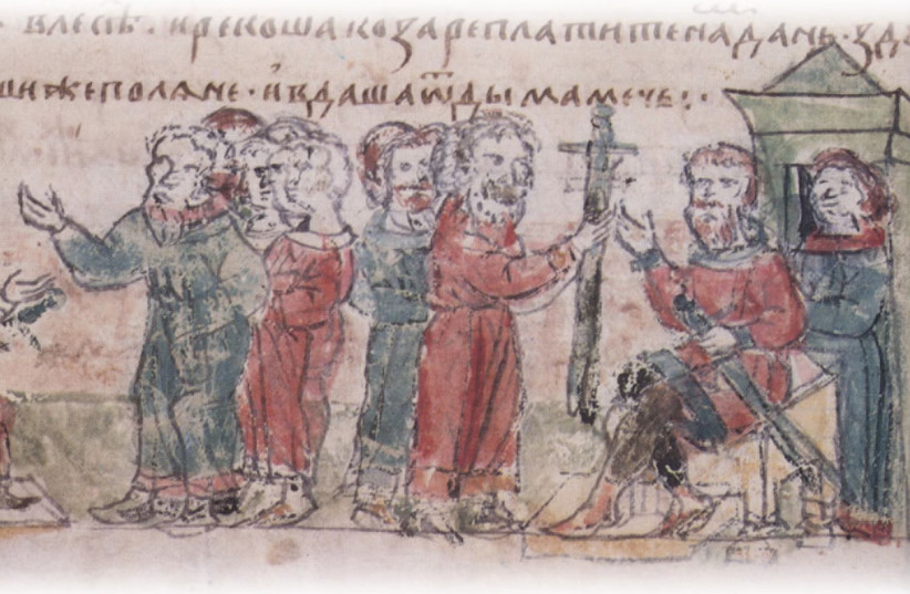 A 15th-century drawing of the Khazars, the Central Asian people, demanding tribute from the Polyans.