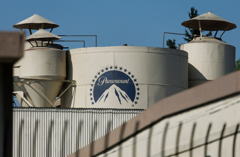 The Paramount logo is shown on a structure at the Paramount studio lot in Hollywood, Los Angeles, California, US, February 26, 2026.