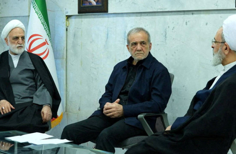 Iranian President Masoud Pezeshkian, Gholam-Hossein Mohseni-Eje'i, the head of the judiciary and Alireza Arafi, deputy chairman of the Assembly of Experts, attend the meeting of the interim leadership council of Iran in an unknown location, amid the US-Israel conflict with Iran, March 1, 2026. (credit: IRIB/WANA