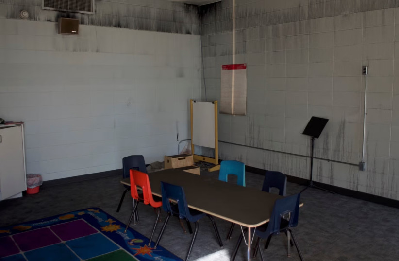Smoke damage inside a classroom in Beth Israel Congregation on Jan. 16, 2025.