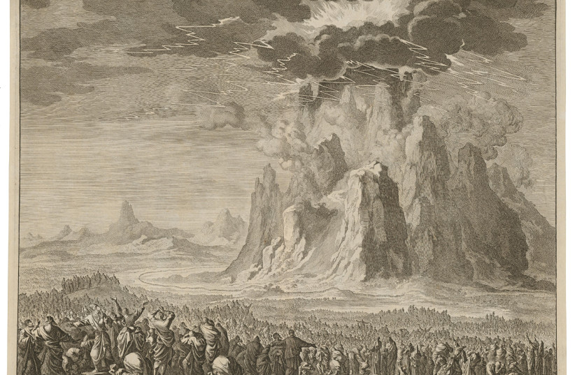 God gives laws on mount sinai, Jan Luyken. Vintage artwork, art illustration. Vintage engraving illustration.