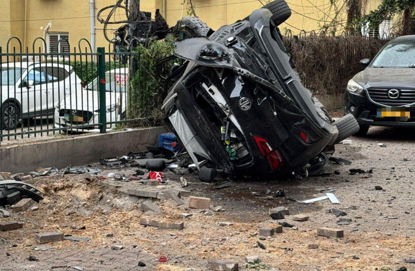 A car that was hit by shrapnel from an Iranian missile in central Israel on March 16, 2026.