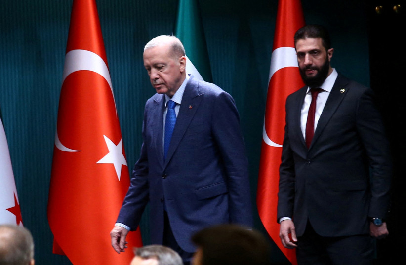 Turkish President Recep Tayyip Erdogan and Syrian President Ahmed al-Sharaa attend a press conference at joint press conference at the Presidential Palace in Ankara, Turkey, February 4, 2025; illustrative.