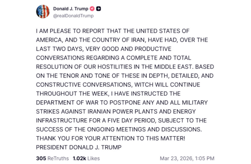 Screenshot of a March 23, 2026 Truth Social post from US President Donald Trump where the president said the US and Iran have had 'very good' conversations regarding a resolution to the war in the Middle East.